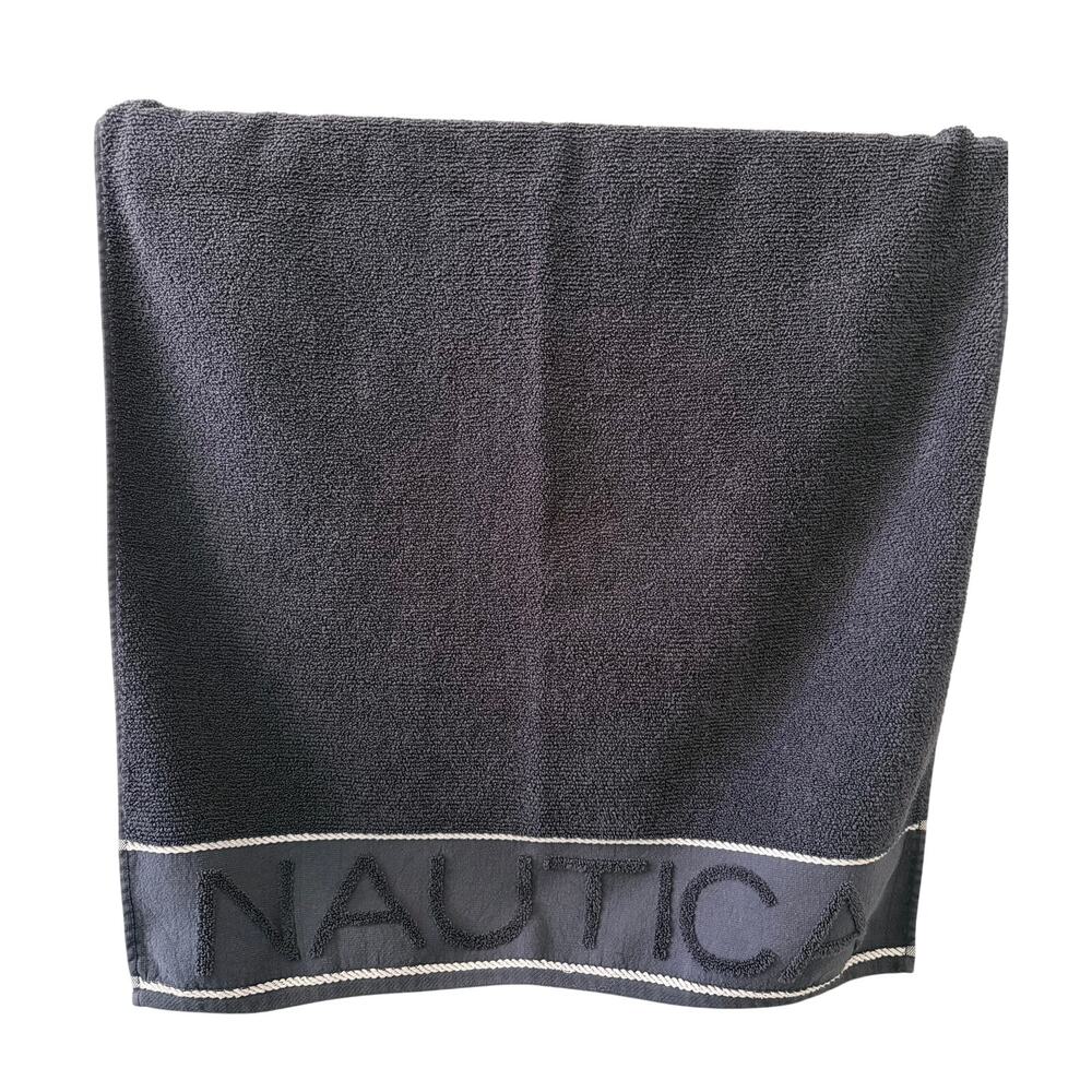 Nautica Home Navy Bath Towel Cotton Logo Rope Trim Coastal OEKO TEX 48x27 Blue